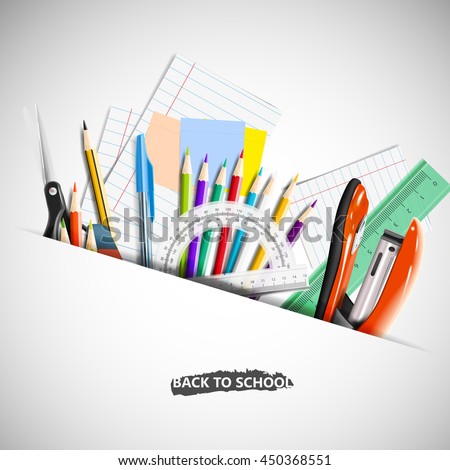 Back to school background with blackboard and school supplies.Stationery equipment. Office and school supplies. Vector realistic illustration