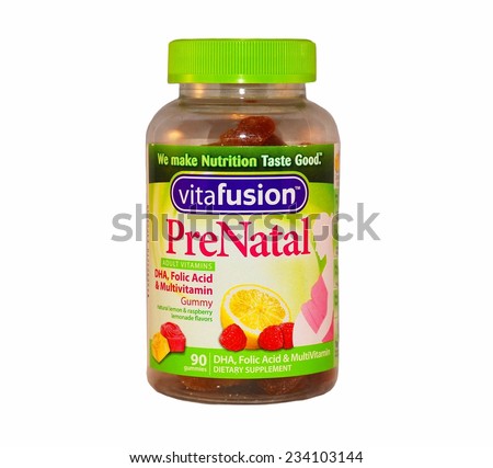 HAGERSTOWN, MD - OCTOBER 31, 2014:  Image of Vitafusion PreNatal vitamins, a source of folic acid and Omega-3.