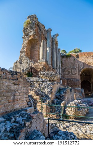 Ruins of the once elaborate stage  of the Geek Theater of Taormina, Sicily