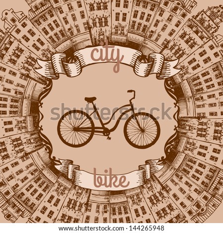 Retro background. Old Town and the city bike
