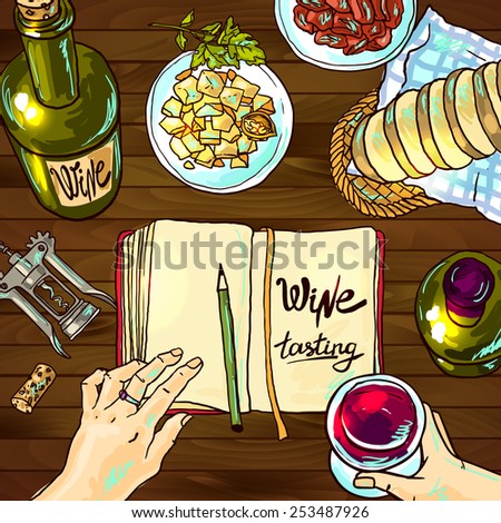 Beautiful hand drawn food illustration wine tasting top view