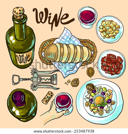 Beautiful hand drawn set of food illustration wine and cheese top view