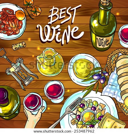 Beautiful hand drawn food illustration wine and cheese top view