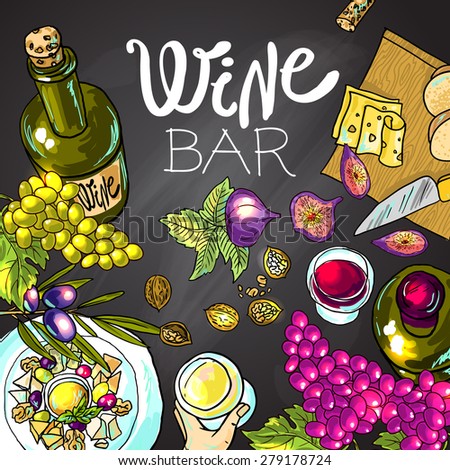 Beautiful hand drawn food illustration wine and cheese top view