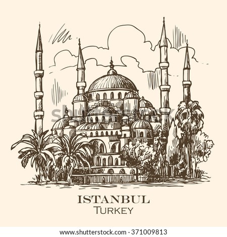 Beautiful Hand Drawn Vector Sketch Illustration Istanbul Blue Mosque ...