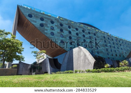 SAO PAULO, BRAZIL - CIRCA JAN 2015: The external architecture of the Unique Hotel in Sao Paulo. The Hotel Unique is one of the landmarks in Sao Paulo and has a Bar Restaurante on the top called Skye.
