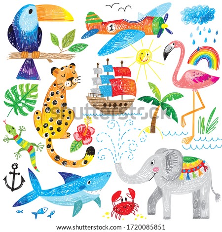 happy kids hand drawn illustration doodle animals fish shark elephant flamingo airplane bird summer set 