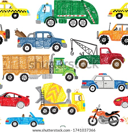 cute kids hand drawn doodle truck car transport boy seamless pattern