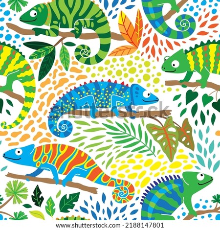 cute chameleon with tropical plants seamless pattern