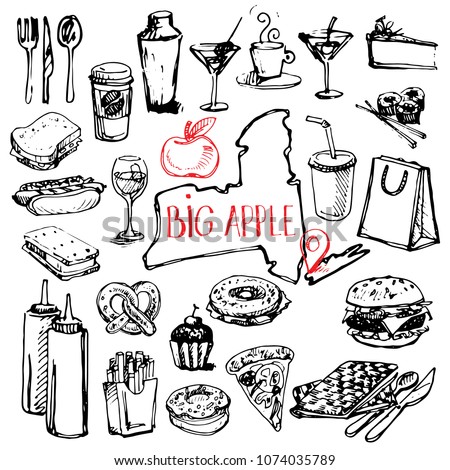 New York, United states of America set of sketch doodle of city street fast food such as burger, hot dog, cheesecake and more