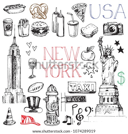 New York, United states of America set of sketch doodle travel symbols of city such as american flag, statue of liberty, apple, Empire State building and more