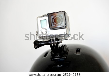 Detail shot with action camera mounted on a sports helmet