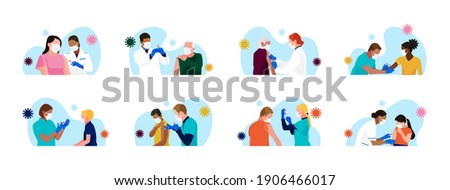 Сovid-19 mass vaccination. Set of people of different age, race, gender receiving vaccine. Doctors and nurses with syringe in hand. Kids vaccination. Vector spot illustrations.
