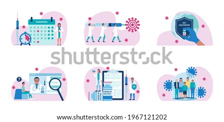 Coronavirus Covid-19 worldwide vaccination. Vector set of banner spot illustrations. Time to vaccinate. Doctors hold syringe with vaccine. Get vaccinated. QA about vaccine. Family vaccination concept