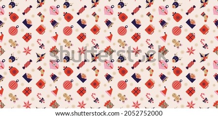 Christmas and New Year background. Festive seamless surface pattern with winter holidays cute elements. Vector background with symbols and icons in traditional Christmas colors.