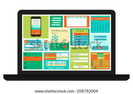 Vector Templates for website, made in Flat Web Design with buttons, calendars and icons,  includes one page website templates and flat design concept illustrations