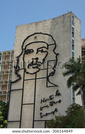 Havana, Cuba - Circa April 2013: Large of Cuban hero image, Che Guevara, displayed in Revolution Square, Havana