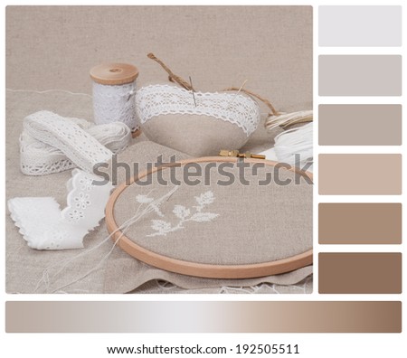 Sewing And Embroidery Craft Kit. Natural Linen Background. Palette With Complimentary Colour Swatches.