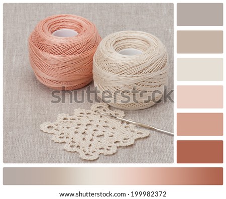 Crochet Lace And Threads. Natural Linen Background. Palette With Complimentary Colour Swatches.