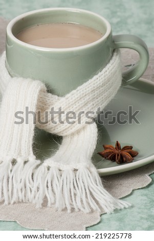 Autumn Concept. Cup Of Hot Coffee, Cocoa or Tea With Milk And Spices. Natural Linen Table Cloth.