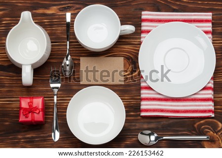 Kitchenware On Striped White Red Cotton Napkin. Gift Box. Blank Card Mock Up. Wooden Background.