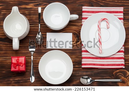 Kitchenware On Striped White Red Cotton Napkin. Gift Box. Blank Card Mock Up. Wooden Background.
