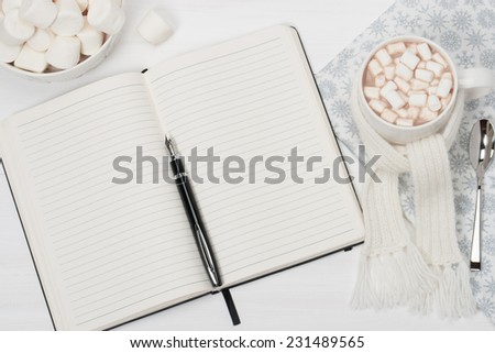Blank Open Notepad. Mug Of Hot Chocolate With Scarf. Christmas Decorations.