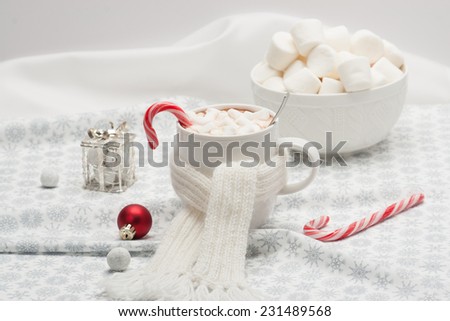 Mug Of Hot Chocolate With Scarf. Marshmallows And Sweets. Christmas Decorations.