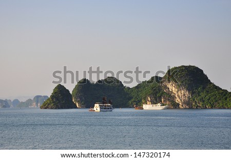 White cruise on sea with mountain background
