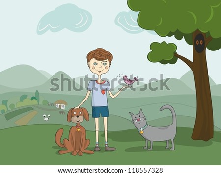 Illustration of boy with pets