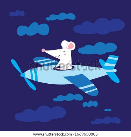 Vector illustration of cute rat pilot in plane flying among clouds. Can be used as a template for your card design, children's picture book, poster, placard, banner, advertising, children apparel.