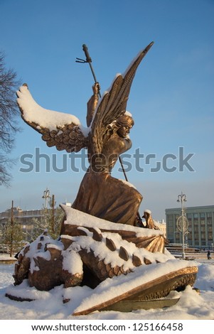 Sculpture of St. George at Independence Square in Minsk, capital of Belarus