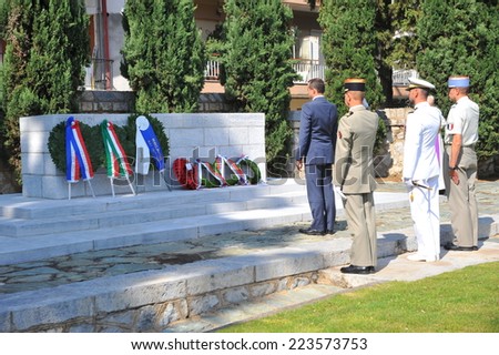 THESSALONIKI, GREECE - SEPTEMBER 27, 2014: Allied Military cemeteries (British section): Military delegations and people commemorating 100th anniversary Veteran\'s of World War I.