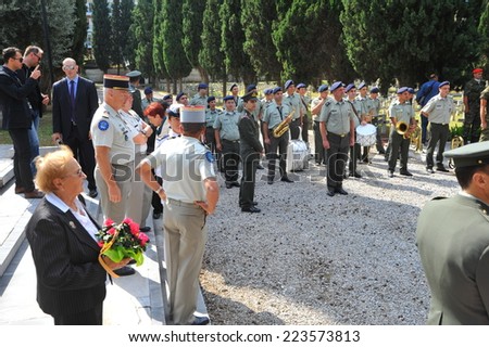 THESSALONIKI, GREECE - SEPTEMBER 27, 2014: Allied Military cemeteries (Italian section): Military delegations and people commemorating 100th anniversary Veteran\'s of World War I.