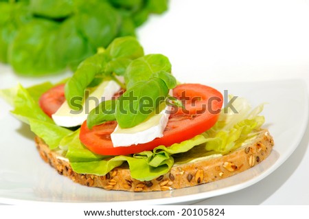 The sandwich of lettuce, the tomato, Camembert cheese and with fresh basil.