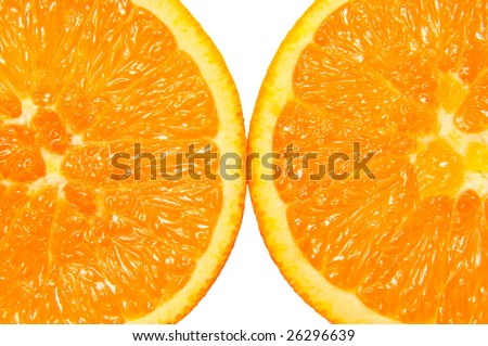 Two halves orange by oneself on the white background.