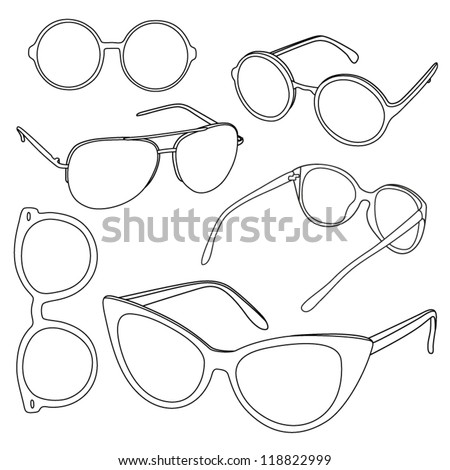 Set of sunglasses. Vector illustration. Different shapes of glasses. Set of outline glasses