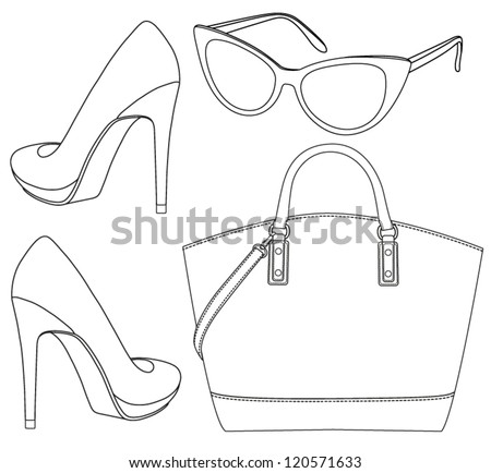 Set of female accessorize. Sunglasses bag shoe icon. Vector illustration