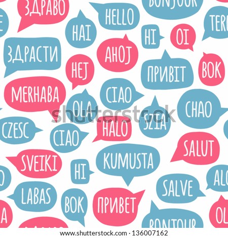 Seamless pattern with speech bubbles with the word hello in different languages