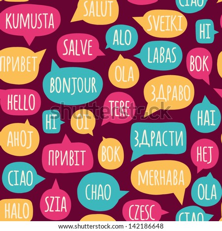 Seamless pattern with speech bubbles with the word hello in different languages. Welcome background. Doodle speech bubble pattern. Friendship design for your skin device or website