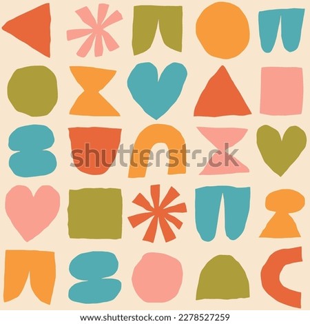 Vector pattern with different abstract shapes. Artistic texture with paper cut elements. Modern background with cutout circle, heart, square, triangle, and other abstract shapes