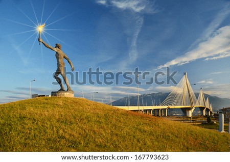 Olympic runner statue - Rio Antirio bridge Patra Greece