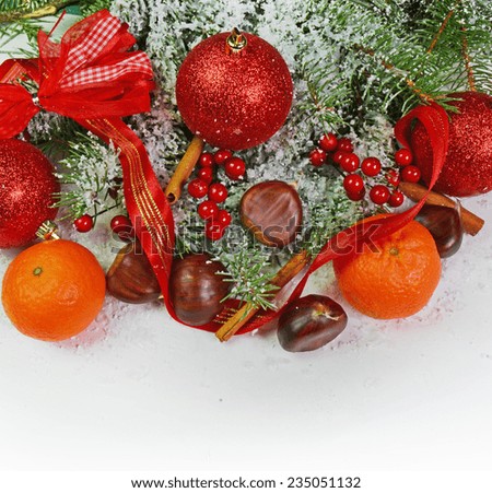 mandarin cinnamon chestnut ribbon firs  snow - christmas background - xmas card - winter