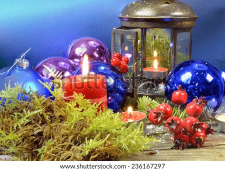 moss, red candles, blue balls, flames - xmas background - christmas card - merry christmas