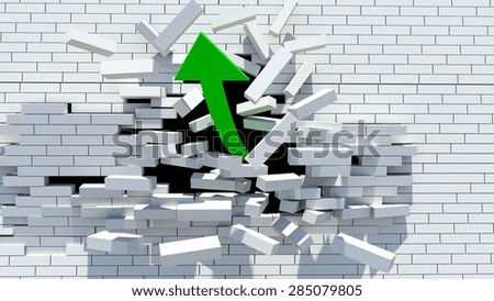 green arrow breaks a brick wall - stocks up, growth