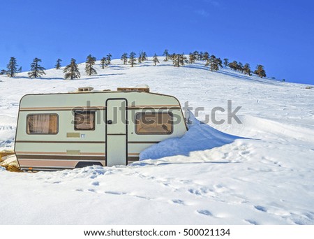 Image, Stock Photo Trailer in winter with Spree in backlight