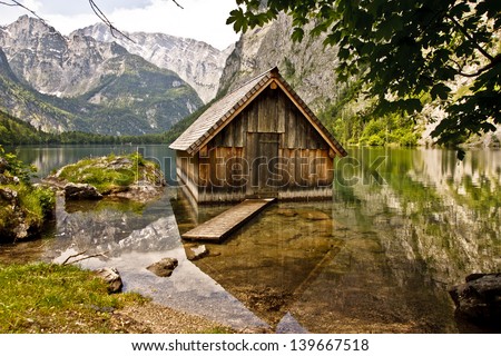 A wood Boat house on the lake, Bavaria, Germany