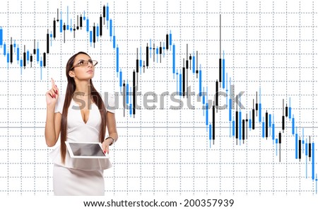 Business lady standing against the background of the graph dynamics of prices or exchange rates. Woman meditates on a graph and shows stock quotes and trading. Businesswoman holding electronic tablet.