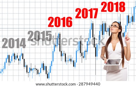 Business woman on background financial charts with dynamic growth rates for years. Business and financial success in future years. Schedule earnings and revenue for years 2015, 2016, 2017, 2018