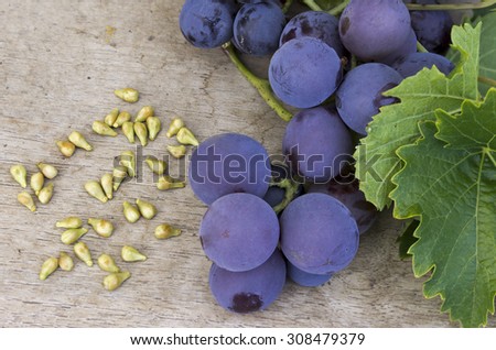 Grapes and grape seed on a wooden table